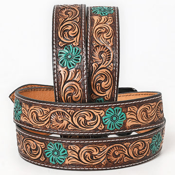 BAR H EQUINE Turquoise Flower Hand Painted Western Leather Men And Women Belt Brown